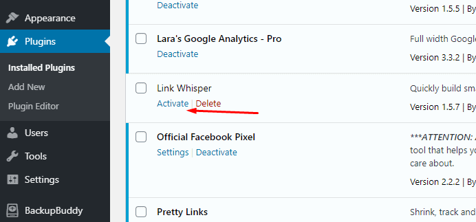 how to activate link whisper